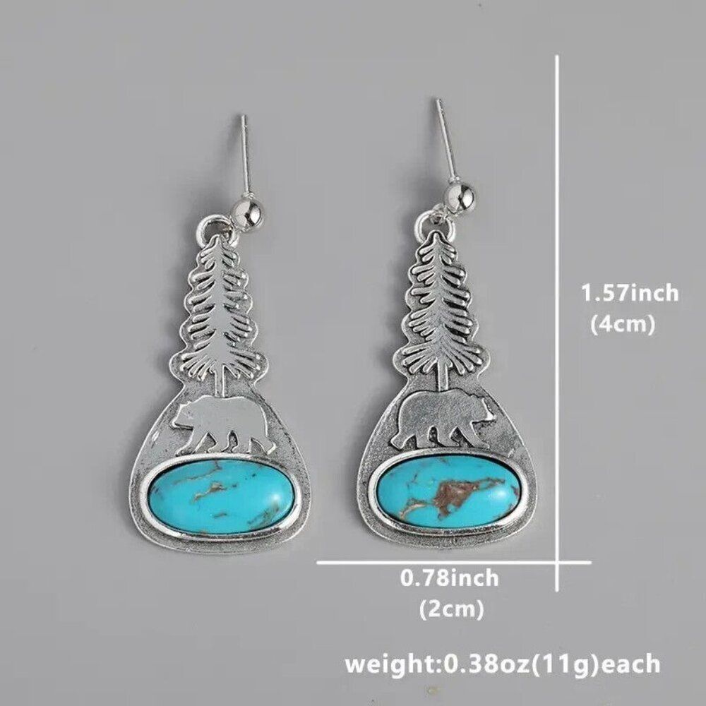 BEAR PAW TREE FANCY FOX SILVER TURQUOISE EARRINGS WESTERN SOUTHWEST DANGLE - Picture 2 of 2